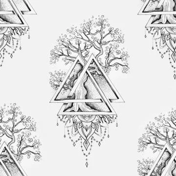Seamless pattern beautiful big tree in a triangle on a white background. Stockillustratie