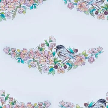 Seamless pattern of a beautiful bird on a branch on a white background. Stock Illustration