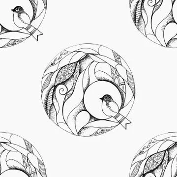 Seamless pattern of a beautiful bird in a circle on white background. Stock Illustration