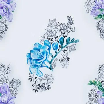 Seamless pattern of beautiful blue and violet freesia on a white background. Stock Illustration