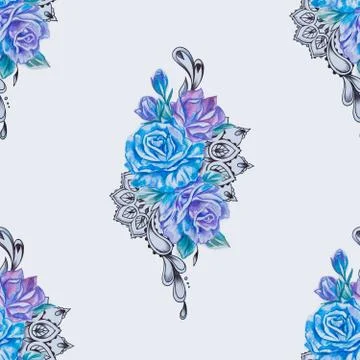 Seamless pattern of beautiful blue and purple roses on white background. Stock Illustration