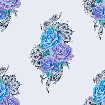 Seamless pattern of beautiful blue and purple roses on white background. Stock Illustration