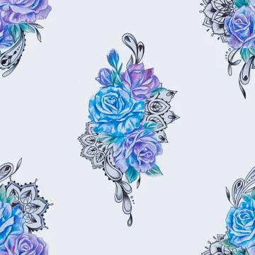 Seamless pattern of beautiful blue and purple roses on white background. Stock Illustration