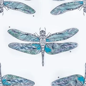 Seamless pattern of a beautiful blue dragonfly on a white background. Stock Illustration