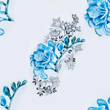 Seamless pattern of beautiful blue freesia on a white background. Stock Illustration