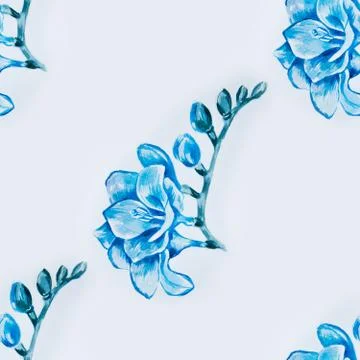 Seamless pattern of beautiful blue freesia on a white background. Stock Illustration