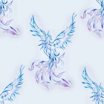Seamless pattern of a beautiful blue phoenix on a white background. Stock Illustration