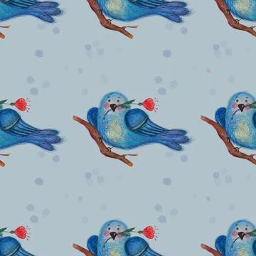 Seamless pattern. Beautiful bluebird with a red flower in its beak on a branc Ilustración de archivo