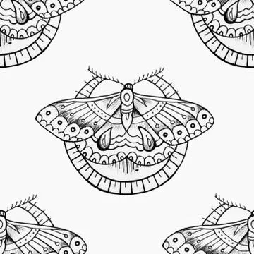Seamless pattern of beautiful butterfly in a circle on a white background. Stock Illustration