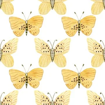 Seamless pattern with beautiful butterflyes hand drawn watercolor. Cute natur Stock Illustration