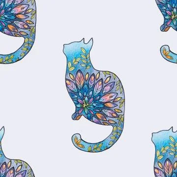 Seamless pattern of a beautiful cat in flowers on a white background. Stock Illustration