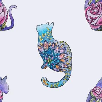 Seamless pattern of a beautiful cat in flowers on a white background. Stock Illustration