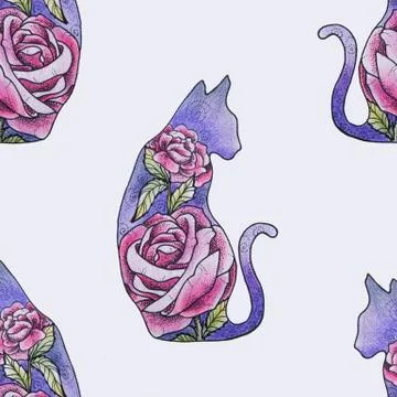 Seamless pattern of a beautiful cat in flowers on a white background. Stock Illustration