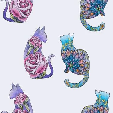 Seamless pattern of a beautiful cat in flowers on a white background. Stock Illustration