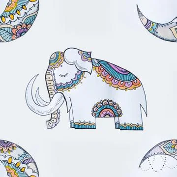 Seamless pattern of a beautiful elephant and moon on a white background. Stock Illustration