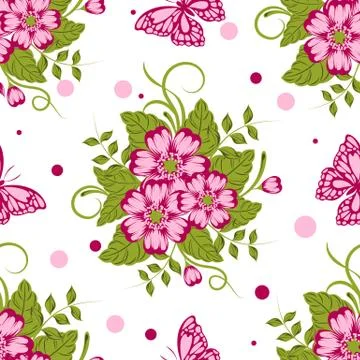 Seamless pattern with beautiful flowers and butterflies. Vector illustration Stock Illustration