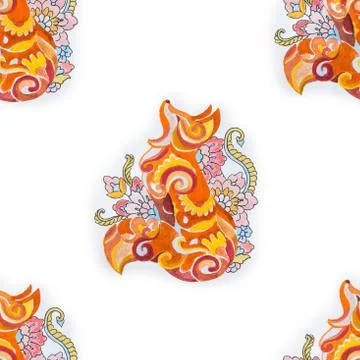 Seamless pattern of a beautiful fox in flowers on a white background. Stock Illustration