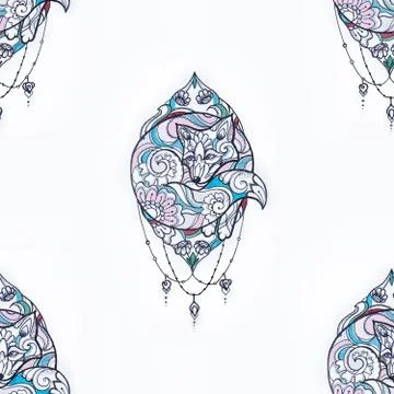 Seamless pattern of a beautiful fox on a white background. Stock Illustration
