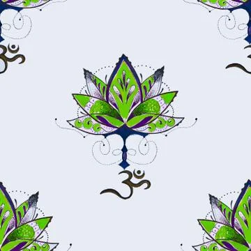 Seamless pattern of a beautiful green lotus on white background. Stock Illustration