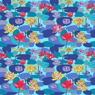 Seamless pattern with Beautiful  hand drawn lotus flowers and leaves Stock Illustration
