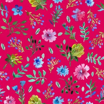 Seamless pattern with beautiful hand paint  flowers and leaves. Stock Illustration