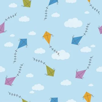 Seamless pattern with beautiful kites fly in the blue sky. Vector illustration Stock Illustration