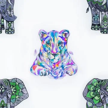 Seamless pattern of a beautiful lion and elephant on a white background. Illustrazione stock