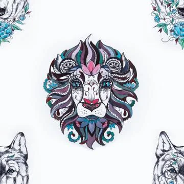 Seamless pattern of a beautiful lion and wolf on a white background. Stock Illustration