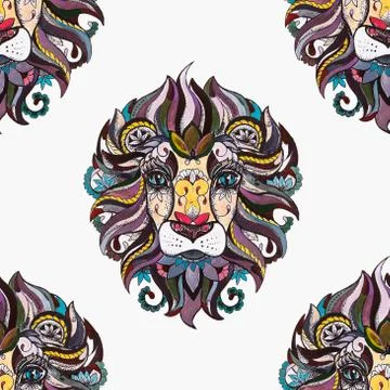 Seamless pattern of beautiful lion head in flowers on a white background. Stock Illustration