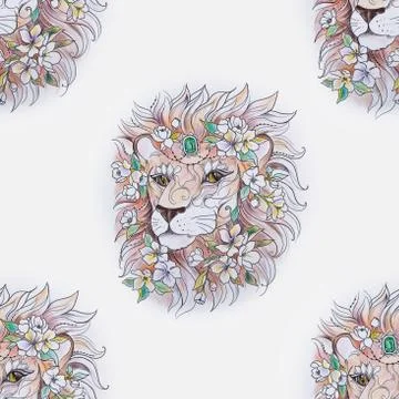 Seamless pattern of beautiful lion head in flowers on a white background. Stock Illustration
