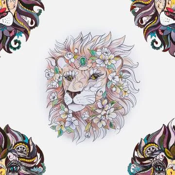 Seamless pattern of beautiful lion head in flowers on a white background. Stock Illustration