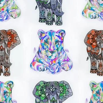 Seamless pattern of beautiful lions and elephants on a white background. Stock Illustration