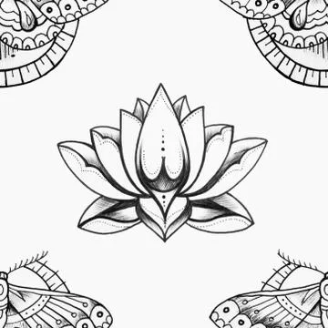 Seamless pattern of beautiful lotus and butterfly on a white background. Stock Illustration