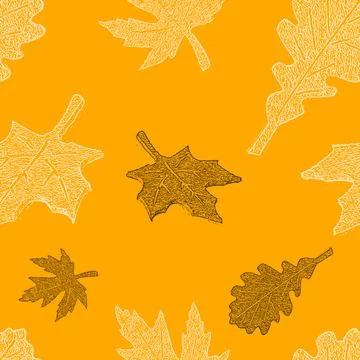 Seamless pattern of beautiful oak and maple autumn leafs white and black Illustrazione stock