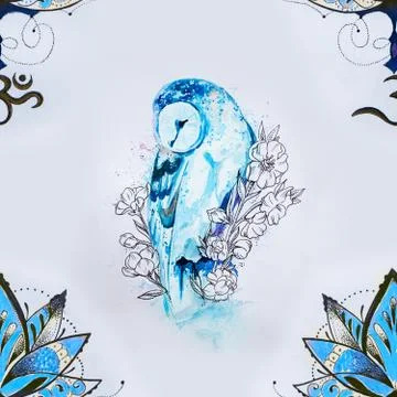 Seamless pattern of a beautiful owl and lotus on a white background. Stock Illustration