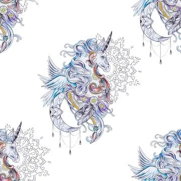 Seamless pattern beautiful pegasus in ornament with mandala on white background. Stock Illustration