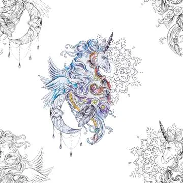 Seamless pattern beautiful pegasus in ornament with mandala on white background. Stock Illustration