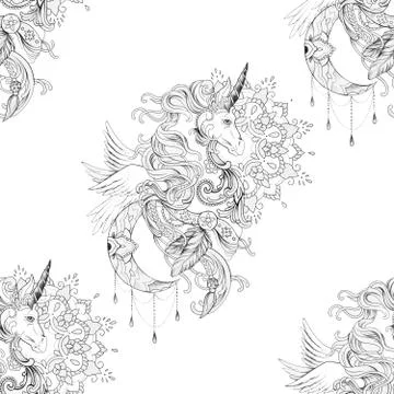 Seamless pattern beautiful pegasus in ornament with mandala on white background. Stock Illustration