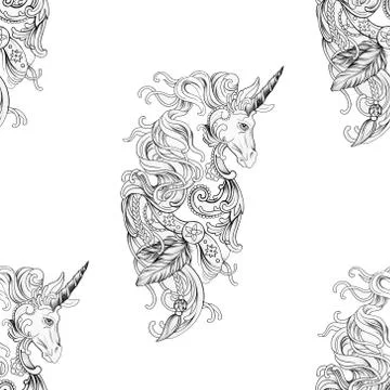 Seamless pattern beautiful pegasus in ornament on white background. Stock Illustration