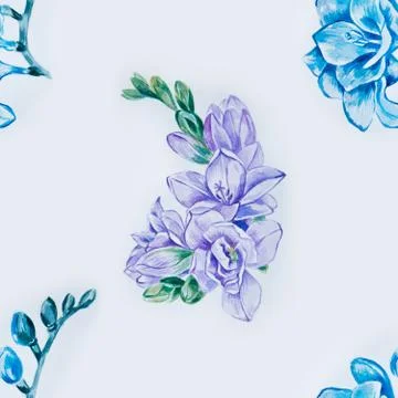 Seamless pattern of beautiful purple and blue freesia on a white background. Stock Illustration