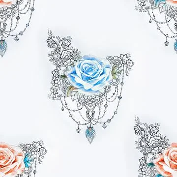 Seamless pattern of a beautiful red and blue rose on a white background. Stock Illustration