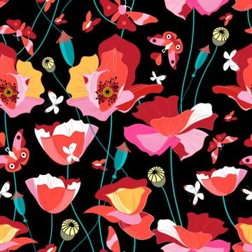 Seamless pattern of beautiful red poppies Stock Illustration