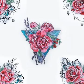 Seamless pattern of beautiful red roses and a triangle on a white background. Stock Illustration