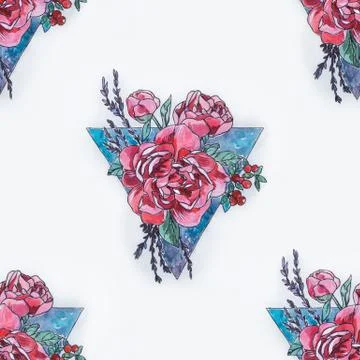 Seamless pattern of beautiful red roses and a triangle on a white background. Stock Illustration