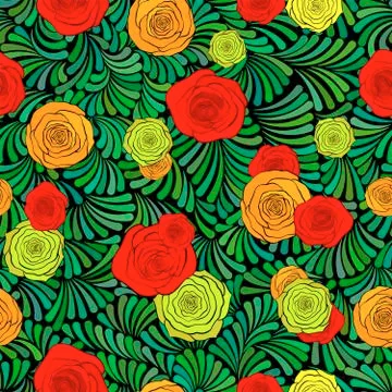 Seamless pattern with beautiful roses and abstract green grass Stock Illustration