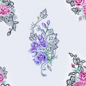 Seamless pattern of beautiful roses and freesia on a white background. Stock Illustration