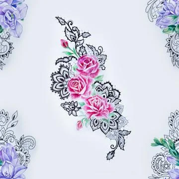 Seamless pattern of beautiful roses and freesia on a white background. Stock Illustration