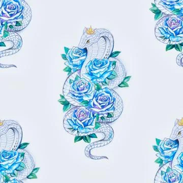 Seamless pattern of a beautiful snake in blue roses on a white background. 스톡 일러스트