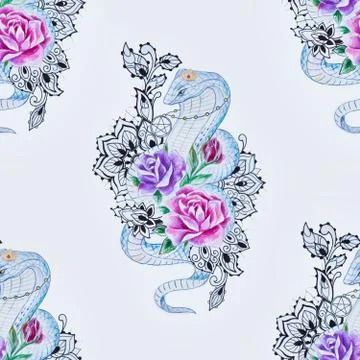 Seamless pattern of a beautiful snake in flowers on a white background. Stock Illustration