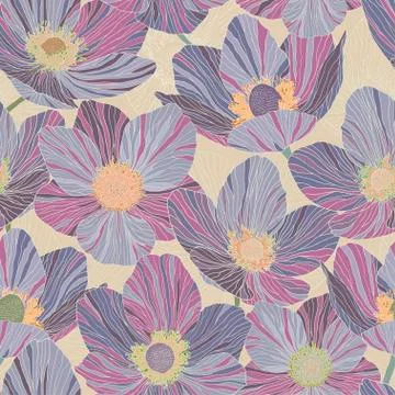 Seamless pattern beautiful violet flowers, beige background, stained glass st Illustrazione stock